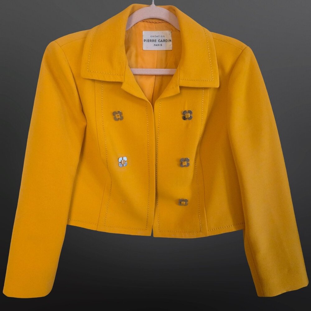 Vintage 60s Pierre Cardin Suit Jacket M Mod Daisy Buttons Yellow Wool Gabardine